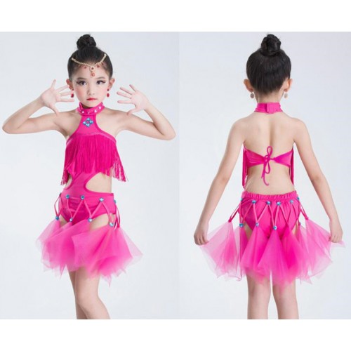 Kids latin dance dresses for pink girls performance competition salsa rumba chacha dance dresses